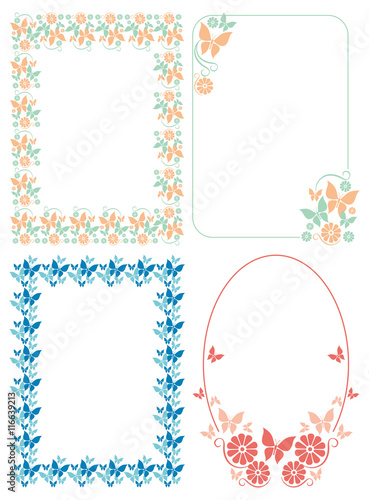 Set of color frames with abstract flowers and butterflies. Vector clip art.