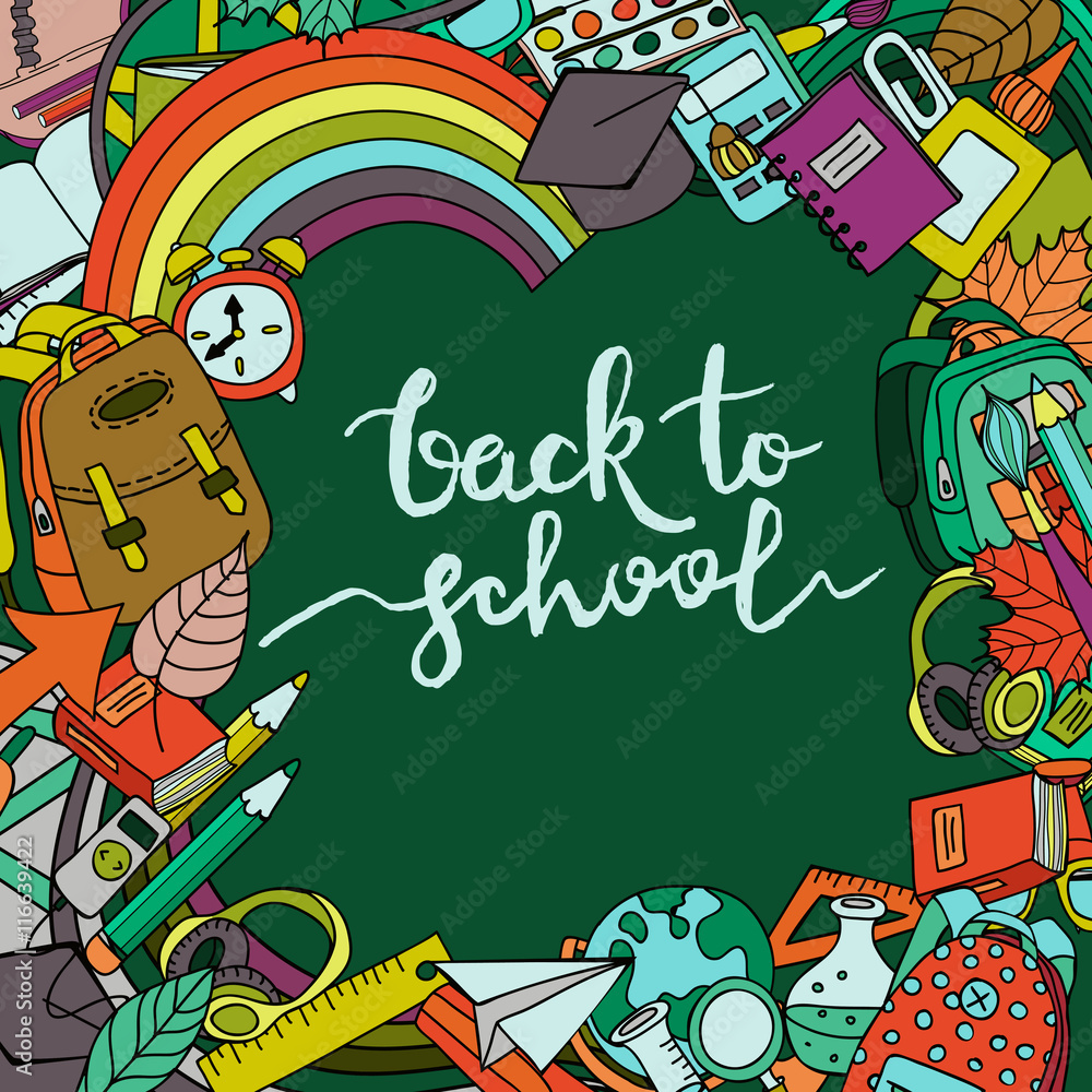 Vector back to school banner, poster or background with place for text.  Hand drawn calligraphy lettering and doodle color school supplies on green  background. Education concept. Stock Vector | Adobe Stock