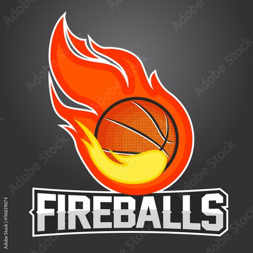 Flying basketball ball with orange fire flames on dark background. Design element. Vintage item. Modern professional logo for sport team