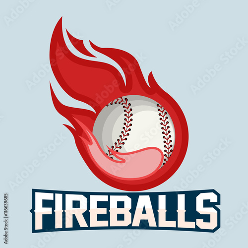 Flying baseball ball with red fire flames on light background. Design element. Vintage item. Modern professional logo for sport team