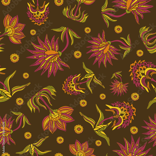 Hand drawn seamless pattern with colorful flowers. Vector illustration.