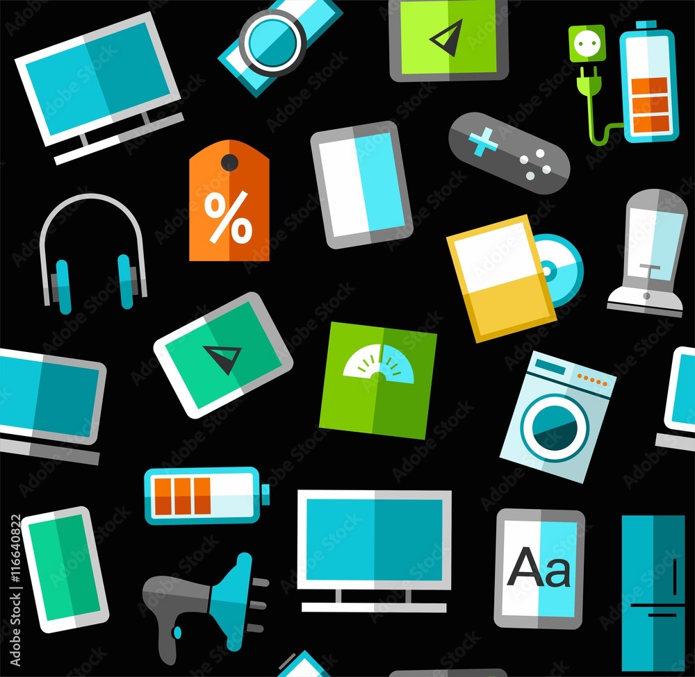 Gadgets and consumer electronics, black background, seamless. Gadgets and consumer electronics, black background, seamless.