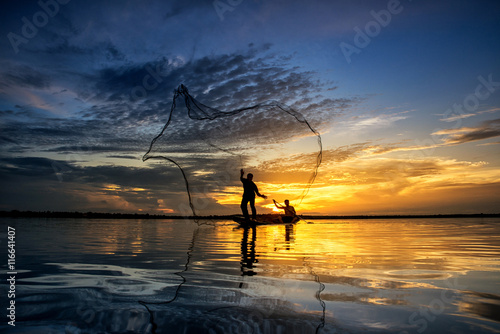 Silhouette of fish lift nets Fisherman ,Wanonniwat ,Sakon Nakhon, Thailand