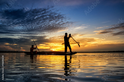Silhouette of fish lift nets Fisherman ,Wanonniwat ,Sakon Nakhon, Thailand