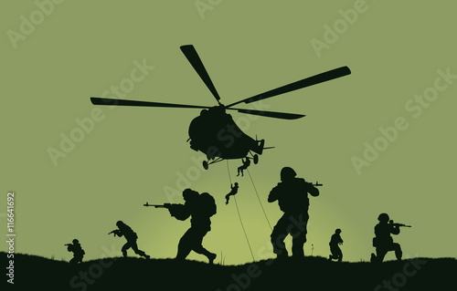 Illustration, the soldiers going to attack and helicopters. photo