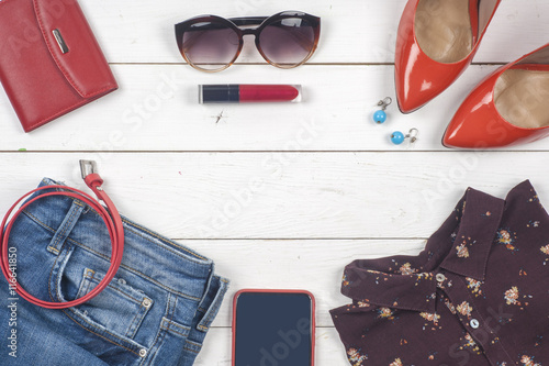 Women clothing set and accessories on light  background.Top view © Lyudmyla V
