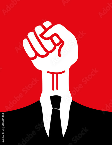 A raised clenched fist wearing a black suit and tie as a metaphor for white collar workers who want rights and respect int he workplace