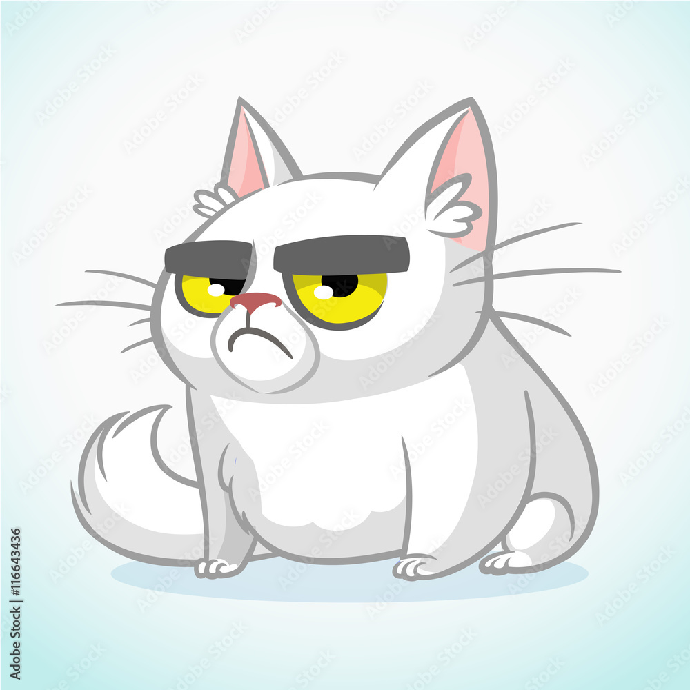 Fototapeta premium Vector illustration of cranky white cat. Cute fat cartoon cat with a cranky expression isolated. Cat icon