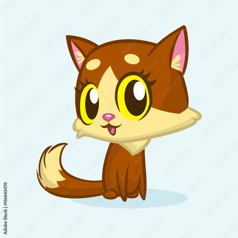 Brown cute kitty with green eyes and fluffy tail sitting. Vector cartoon cat  illustration or icon Stock Vector | Adobe Stock