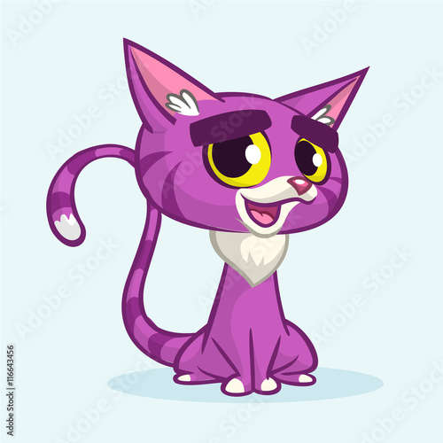 Vector illustration of cartoon violet cat. Cute purple stripped cat with a cranky expression sitting. Cat icon isolated