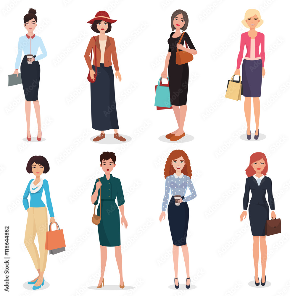 Obraz premium Women adult in business office and fashion clothes. Beautiful cartoon adults woman collection.