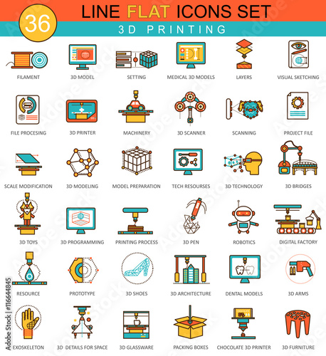 Vector 3D printing modeling flat line icon set. Modern elegant style design for web.
