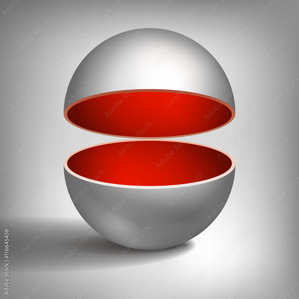 Vector volume hollow sphere, open ball, inside a red coated, abstract