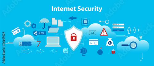 Modern flat thin line design vector illustration, infographic concept of internet security, network protection and secure online payments for graphic and web design