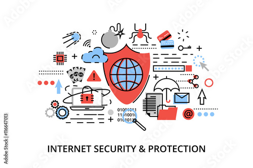 Modern flat thin line design vector illustration, infographic concept of internet security, secure online and data protection, for graphic and web design