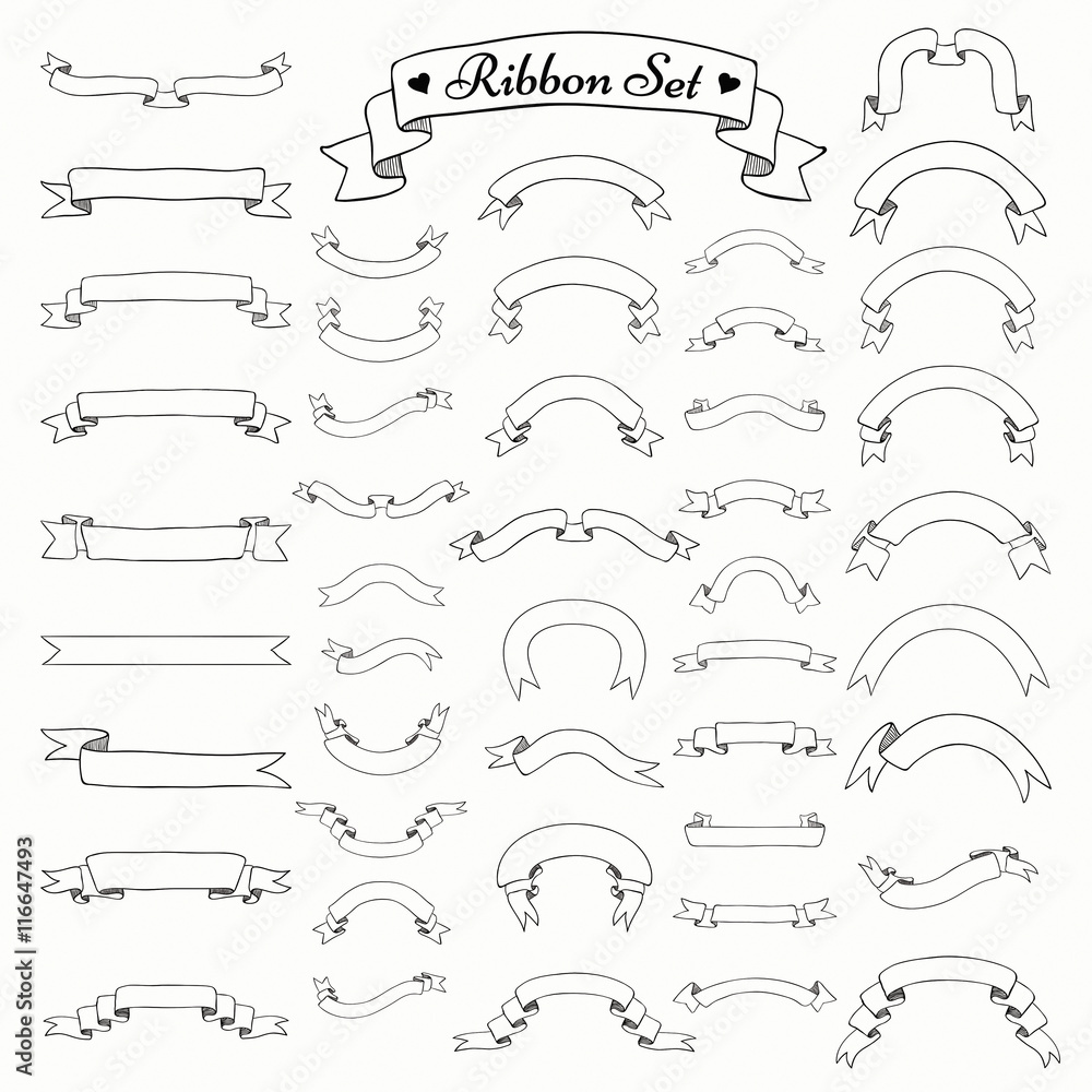 Vector Black Outlined Hand Drawn Ribbons, Banners Set