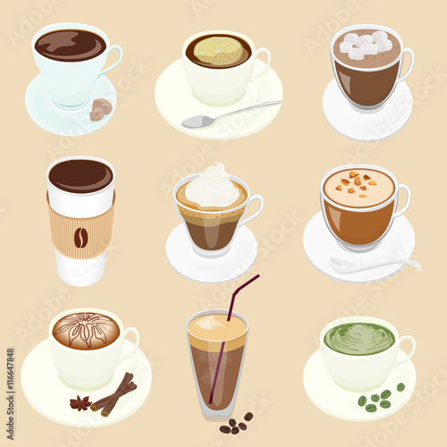 Set of different Vector Coffee cup and many kinds of coffee for cafe restaurant menu.