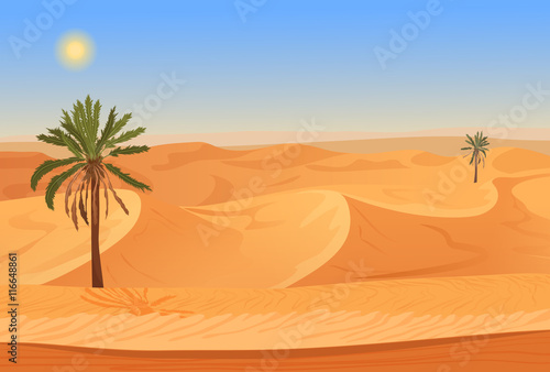 Cartoon nature sand desert landscape with palms, herbs and mountains. Vector seamless game style illustration.