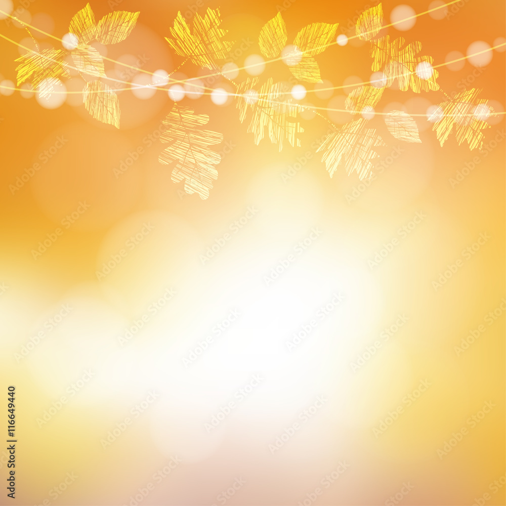 Autumn, fall background. Greeting card with maple, oak leaves and bokeh lights. Party string decoration. Modern blurred vector Autumn, fall background. Greeting card with maple, oak leaves and bokeh lights. Party string decoration. Modern blurred vector