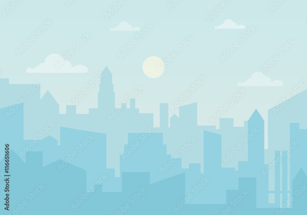 Sun day ozone in the city. Cityscape simple silhouette vector illustration.
