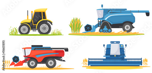 Farming agricultural machines and farm vehicles set. Farming machine harvester, combine and tractor.
