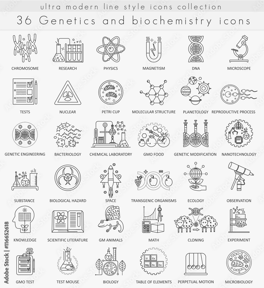 Vector Genetics and biochemistry technology ultra modern outline line icons for web and apps.