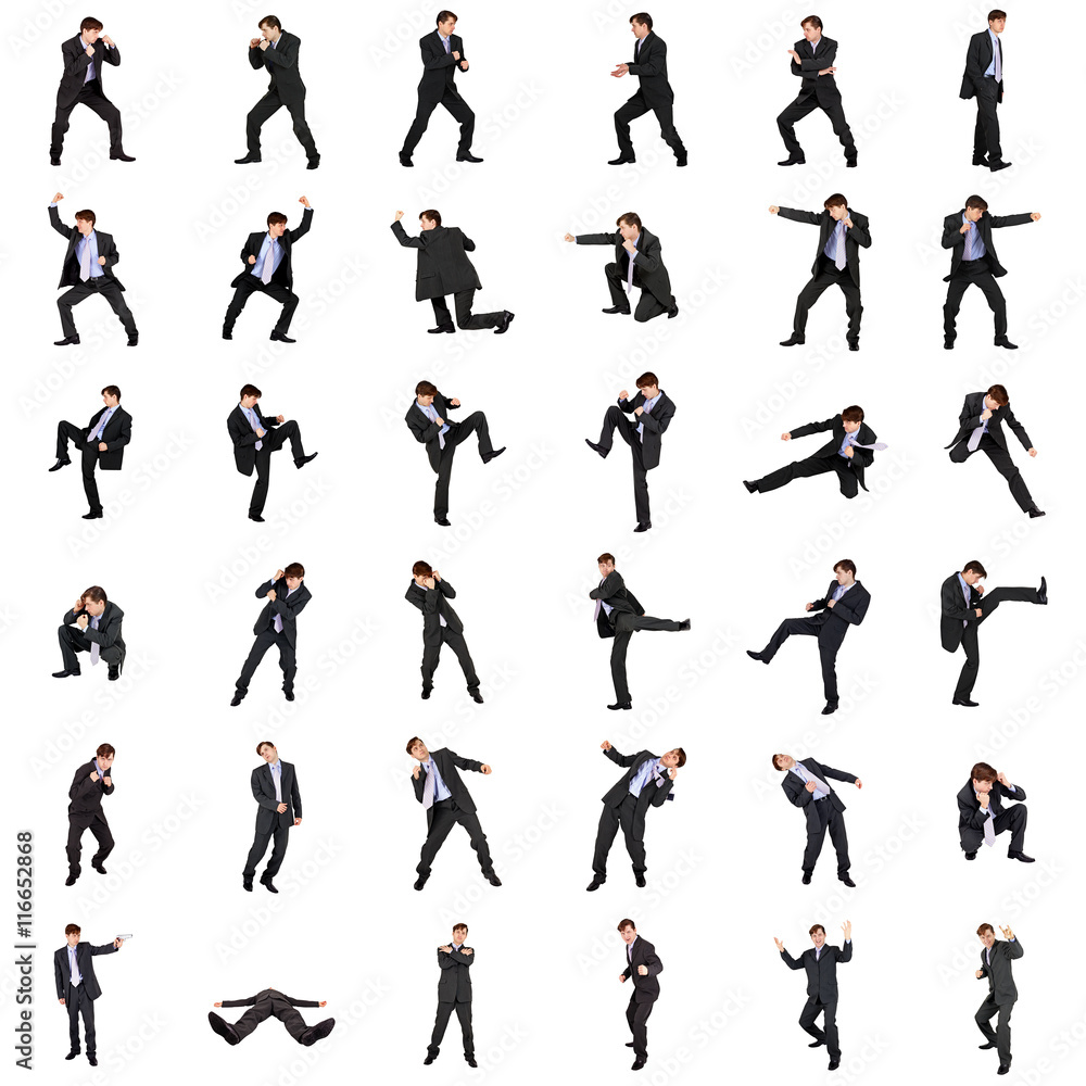 Set of fighting businessmen on white Set of fighting businessmen on white