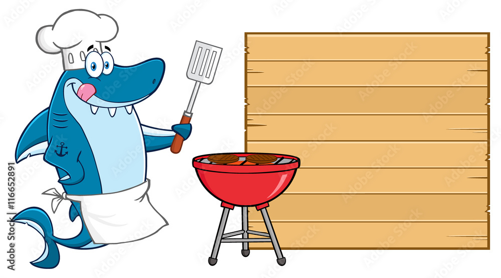 Naklejka premium Chef Blue Shark Cartoon Mascot Character Licking His Lips And Holding A Spatula By A Barbeque With Roasted Burgers To Wooden Blank Board