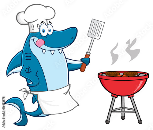 Chef Blue Shark Cartoon Mascot Character Licking His Lips And Holding A Spatula By A Barbeque With Roasted Burgers