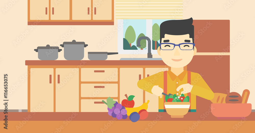 Man cooking vegetable salad vector illustration. Man cooking vegetable salad vector illustration.