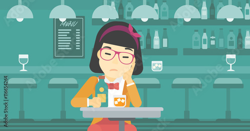 Woman drinking at the bar vector illustration.