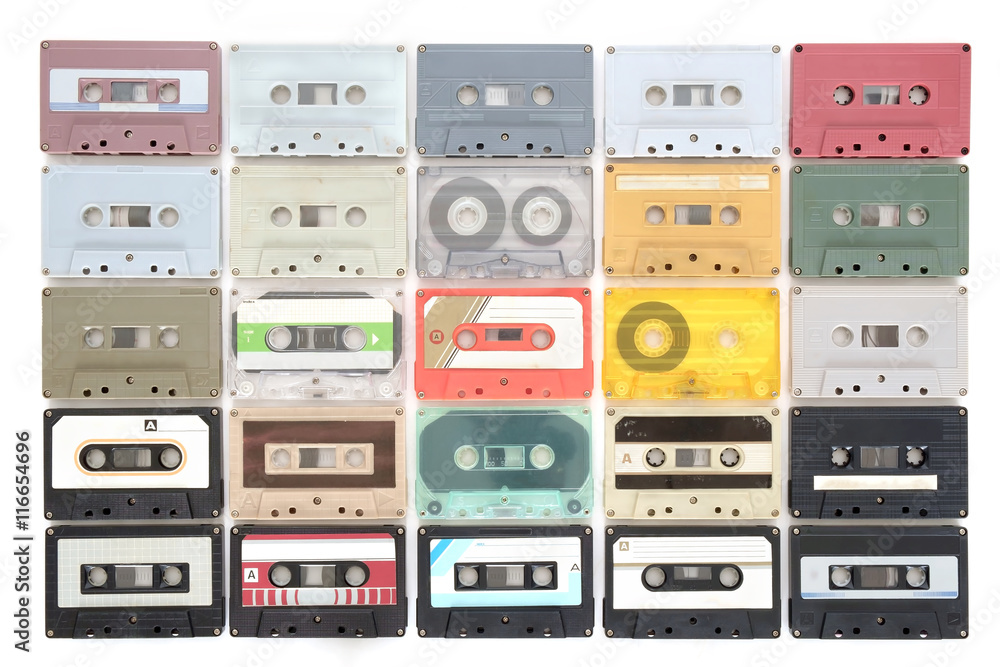 Fototapeta premium Cassette tapes / Set of retro cassette tapes on white background. Top view. Flat lay.