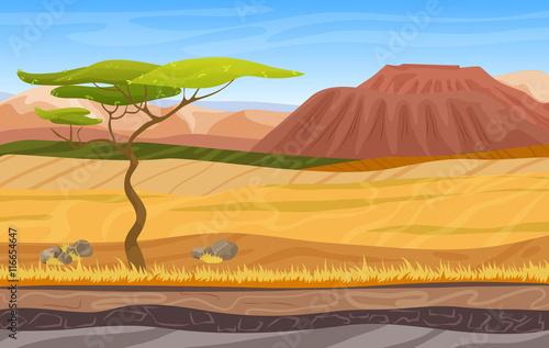 Cartoon african panorama savanna landscape with tree, mountains, yellow grass and sand.