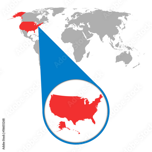 World map with zoom on Usa. America map in loupe. Vector illustration in flat style