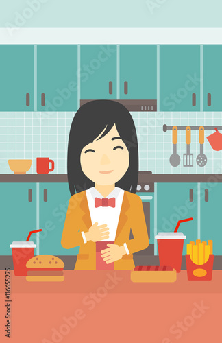 Satisfied woman eating fast food.