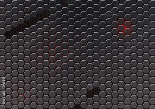 Metal cell composed of hexagons. Abstract geometric metallic background. Carbon steel honeycomb. Vector futuristic background