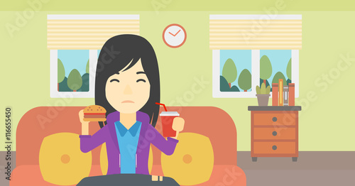 Woman eating hamburger vector illustration.