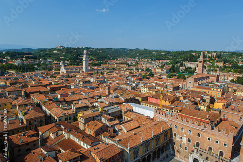 Panoramic view of Verona city in Italy. View of the red roofs in romantic city. Verona is a popular tourist destination of Europe.
