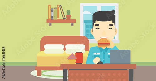 Man eating hamburger vector illustration.