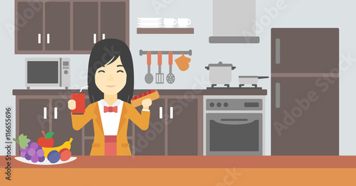 Woman eating fast food vector illustration.