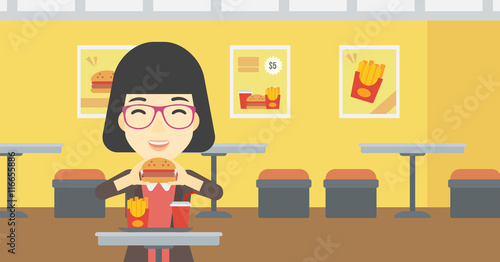 Woman eating hamburger vector illustration.