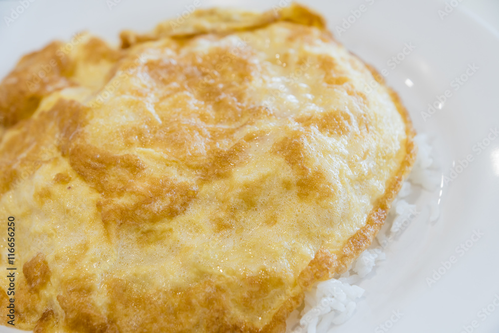 omelet in a dish of white rice. omelet in a dish of white rice.