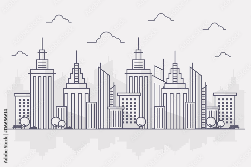 Line Art Vector Illustration of Modern Big City Background with Skyscrapers. Flat design Style.