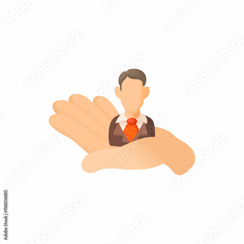 Hand holding of employee icon in cartoon style isolated on white background. People symbol