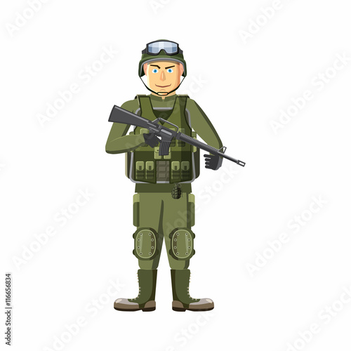 Soldier with weapons icon in cartoon style isolated on white background. People symbol