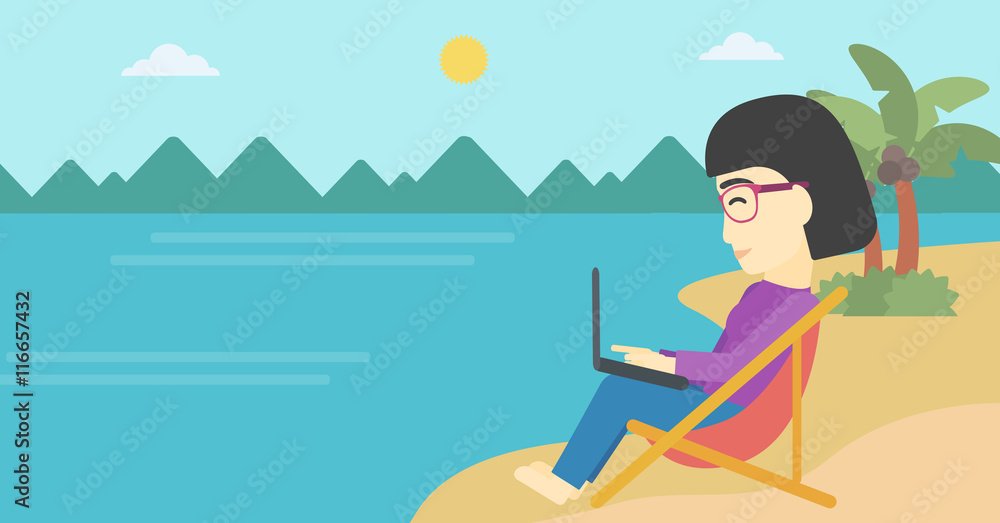 Business woman working on laptop on the beach. Business woman working on laptop on the beach.