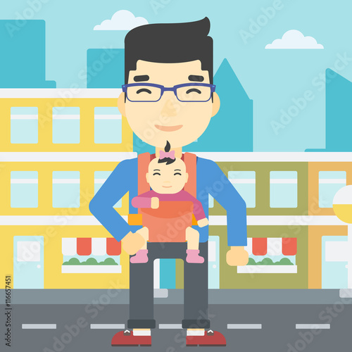 Father carrying his daughter in sling.