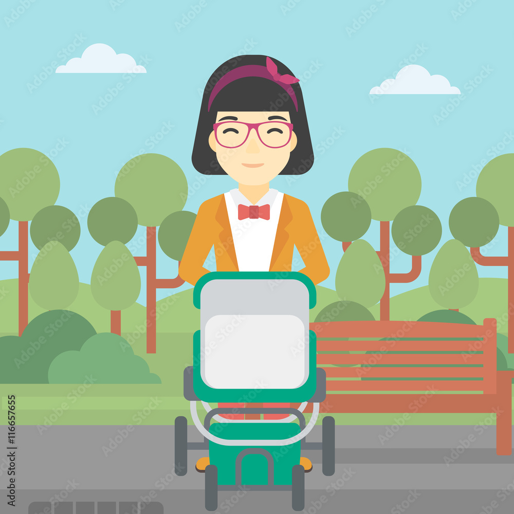 Mother walking with baby stroller.