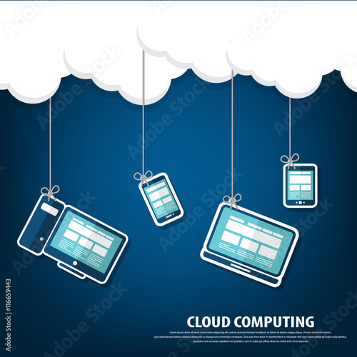 Cloud computing - Devices connected to the "cloud". Vector. All elements (background,devices, text ) are in separate layers. Fully editable.