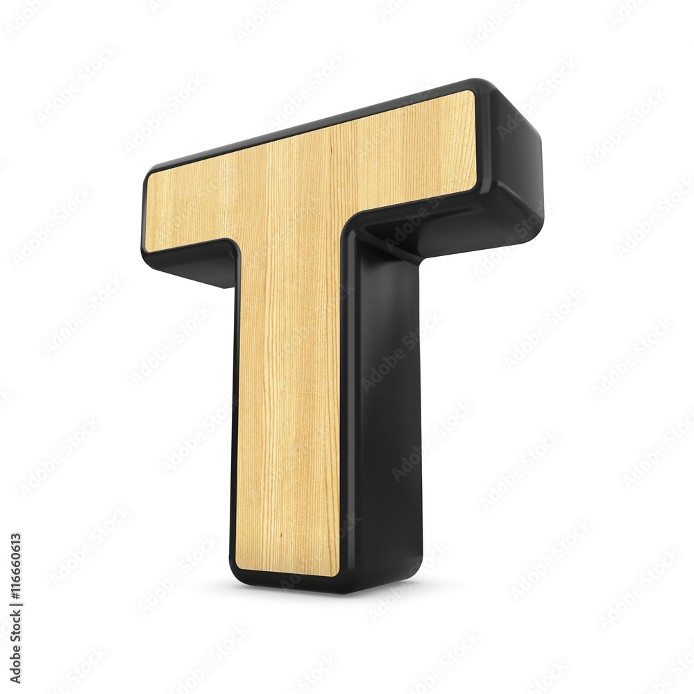 3d wood and black plastic material T letter isolated white backg 3d wood and black plastic material T letter isolated white backg